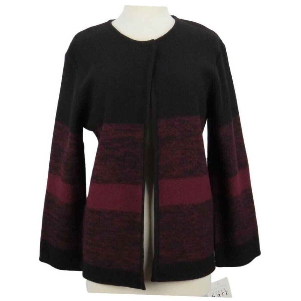 Keren Hart Women Small Cardigan Sweater Wool Blend Black & Burgundy Open Front